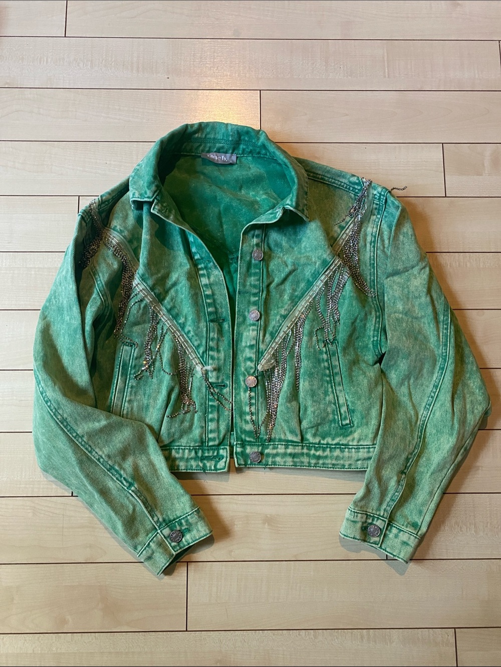 Green Denim Jacket with Chain Fringe Embellishment